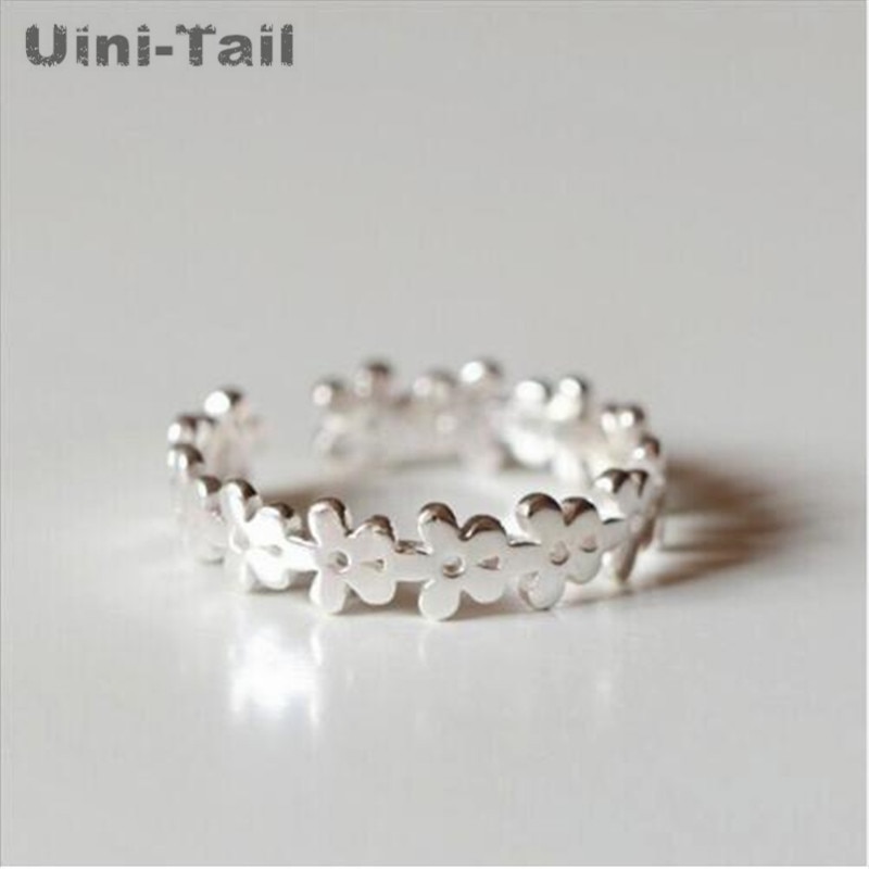 Uini-tail-anillo abierto de Plata de Ley 925, anillo de flor de coreana, de tendencia retro, , GN798