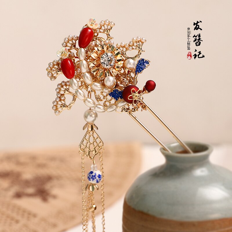 Hanfu tocado mujer antigüedad precioso Phoenix Crown accesorios para el cabello conjunto Kanzashi paso sacudida perla borla adornos para el cabello: Kanzashi left