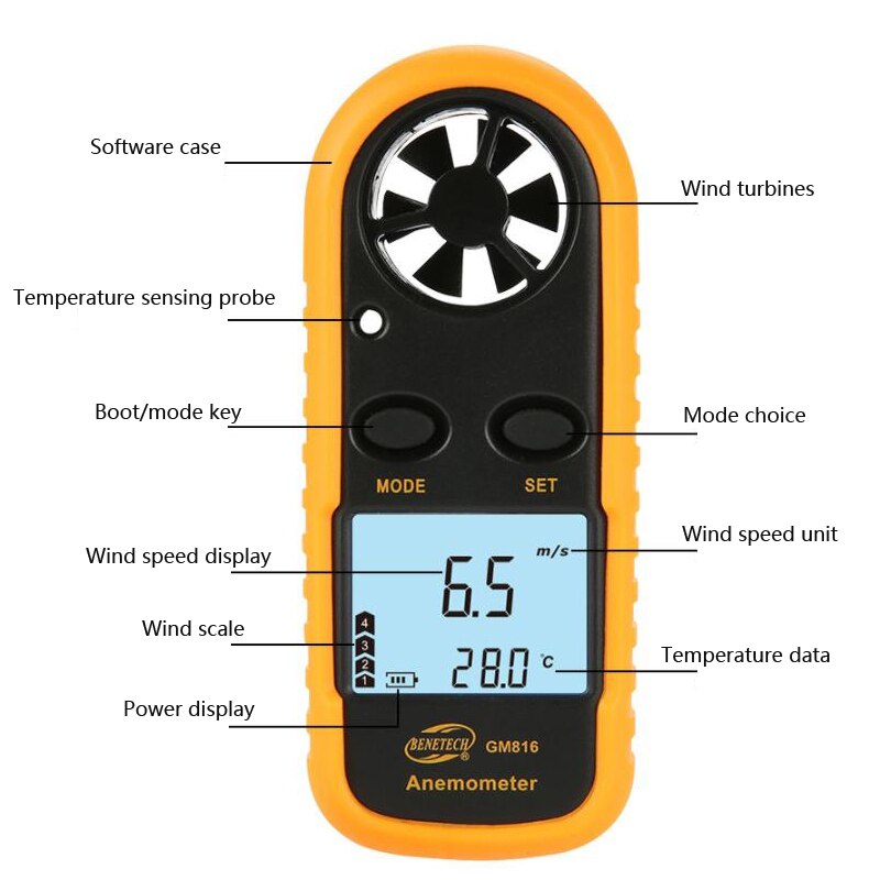 Mini anémomètre numérique lcd portable, compteur de vitesse du vent, jauge, testeur de capteur 0 - 30 m/ s avec écran rétroéclairé