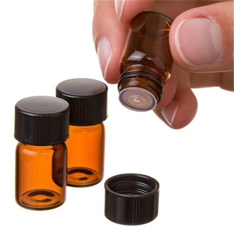 10 Uds. 1/2/3 ML PVC ámbar botella de aceite esencial vidrio delgado pequeños frascos de aceite de Perfume marrón botella de prueba con reductor de orificio