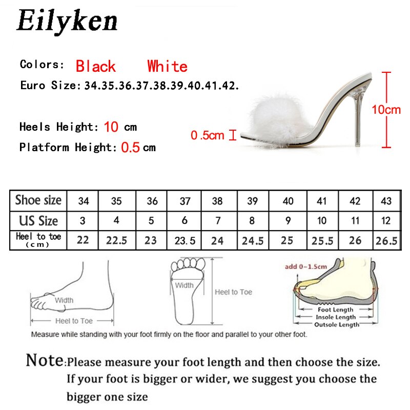 Eilyken kvinna tofflor fjäder pvc genomskinliga sandaler perspex höga klackar päls peep toe dam mulor slides skor