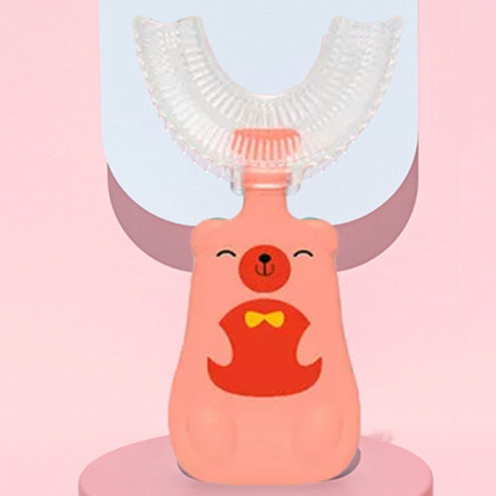 Brosse à dents en Silicone liquide en forme de U pour enfants, tête de brosse à dents à poignée verticale, brosse à dents manuelle à poils souples pour enfants: aged 2-6 pink