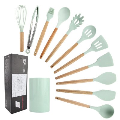 11 st silikon köksredskap set, rosa massivt trä handtag med förvaringslåda, köksutrustning kit köksredskap tillbehör: 11pc blå