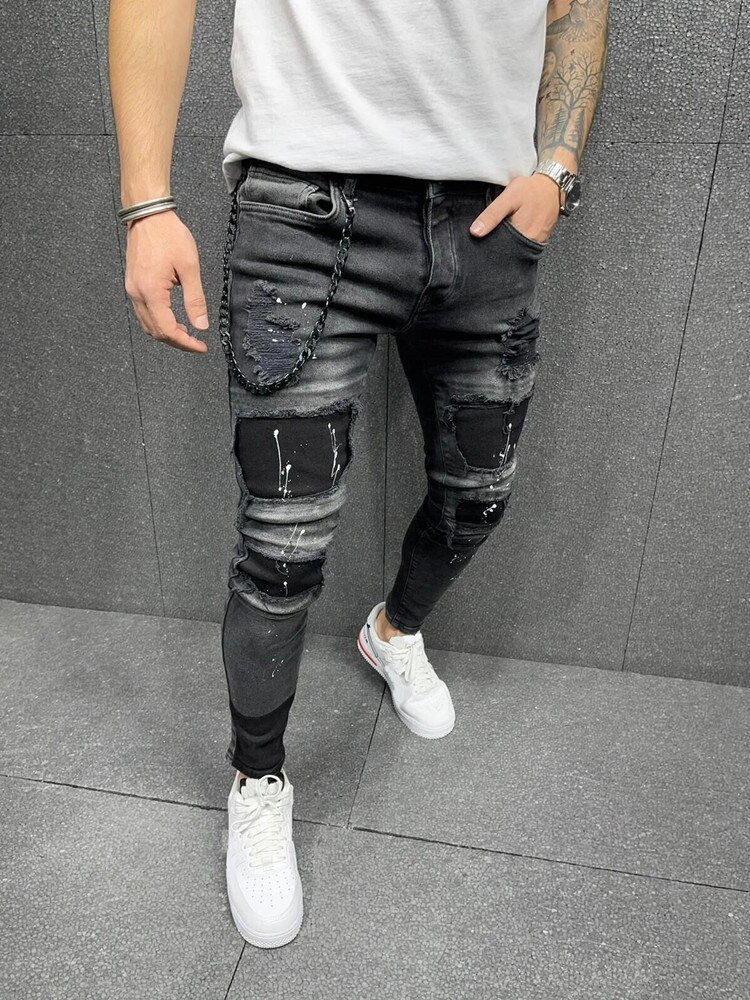 Men's Skinny Jeans Black Printed Broken Hole Patch Beggar Slim Pencil Trousers Men's Jogging Casual Pencil Long Pants