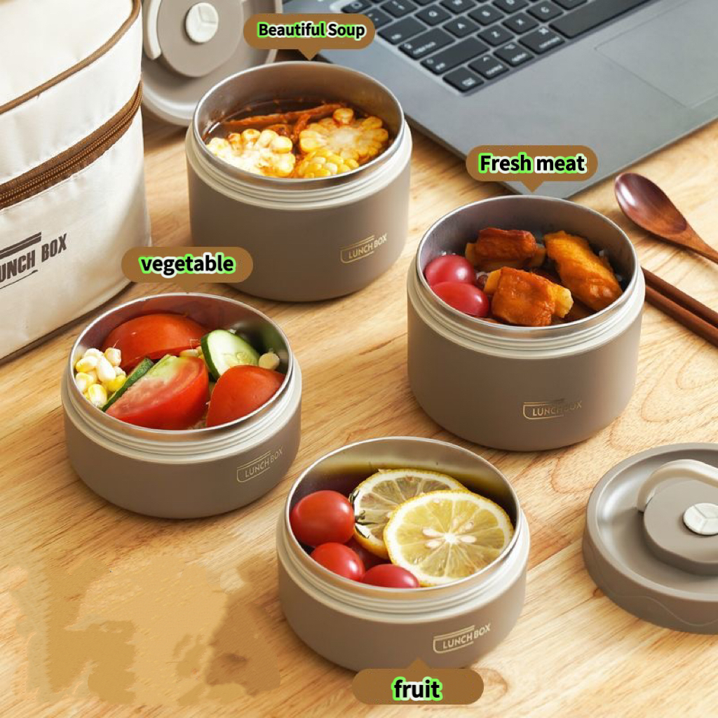 Stainless Steel 304 Sealed Multifunction Portable Round Heat Box Insulated Lunch Box Bento with Thermal Bag