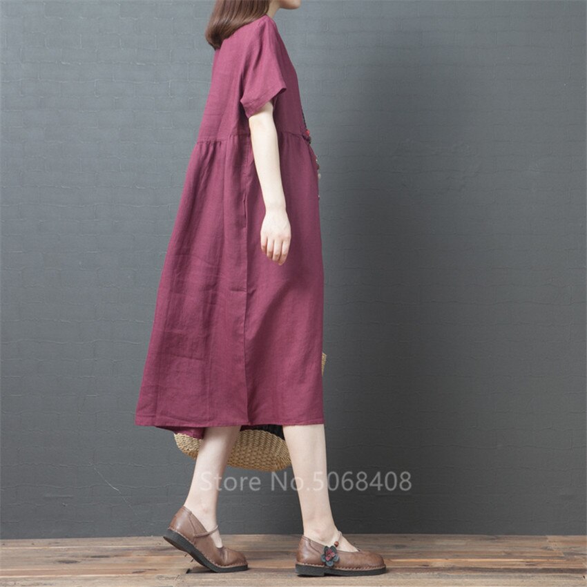 De manga corta verano las mujeres vestido de lino de algodón o-Cuello Vintage tradicional de talla grande de vacaciones Casual Midi vestido túnica