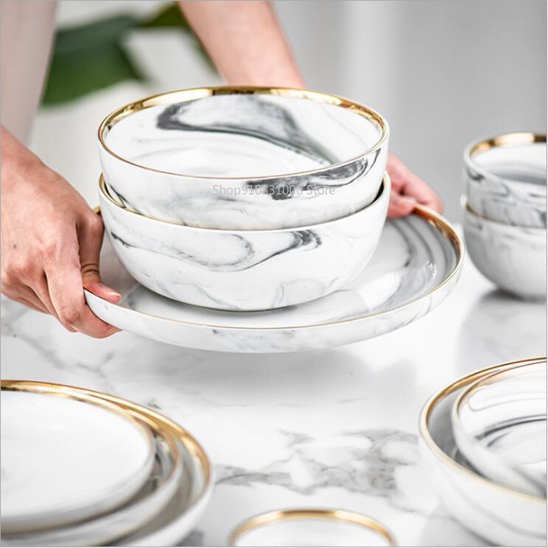 Golden marble plate set ceramic kitchen utensils salad noodle bowl soup dinner set plates and dishes ceramic bowl