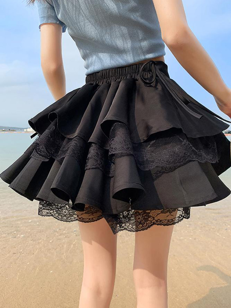 Falda corta de encaje de retazos negros para mujer, falda tipo pastel con cordones, cintura alta, estilo Preppy, bonito vestido de baile, faldas Kawaii para niñas