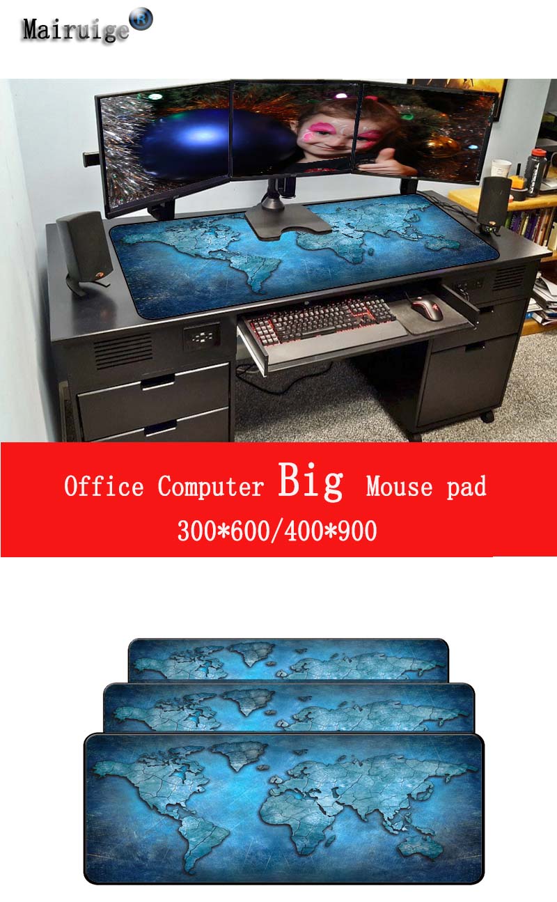 Mairuige World Map Gaming Mouse Pad with Stitched Edges Non-Slip Rubber XXL Locking Edge Mousepad Computer PC Keyboard 900*400mm