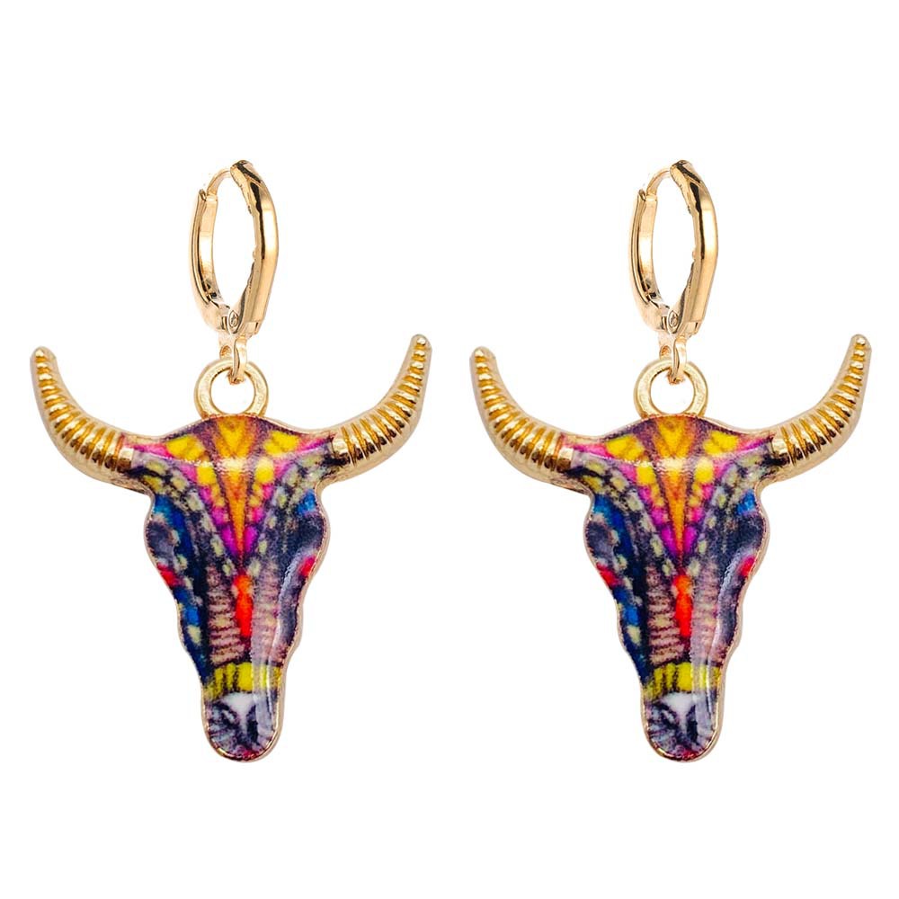 Pendientes de cabeza de toro esmaltados coloridos, vaquera occidental, pendientes colgantes de aleación, joyería: Color dorado