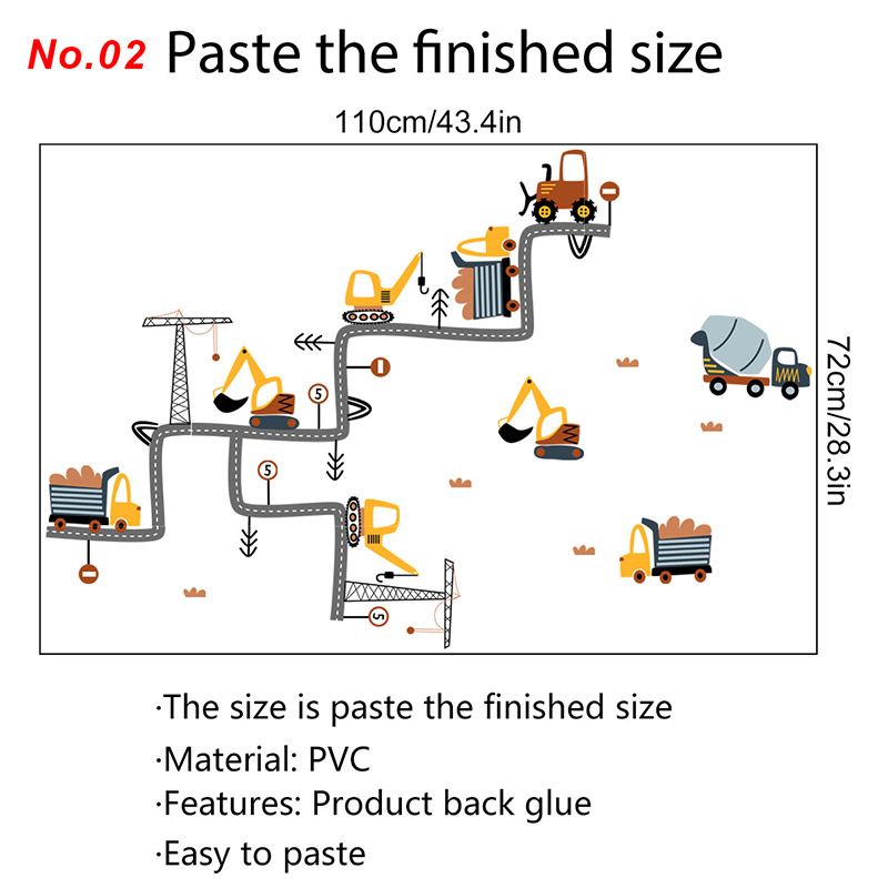 Engineering Vehicles Cartoon Wall Stickers for Kids Room Decoration Home Decor Art Murals Removable DIY Decals for Kindergarten: No.02