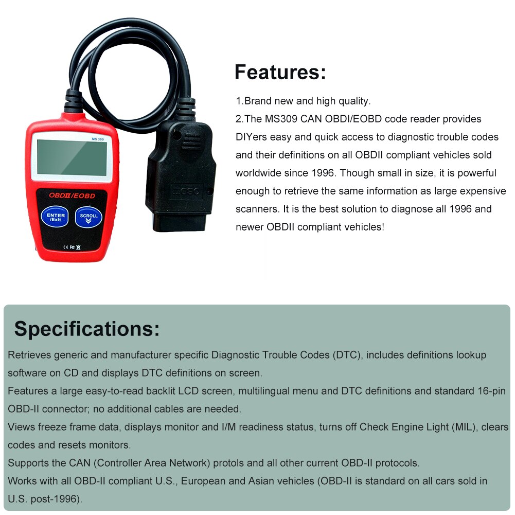 OBD2 Code Reader MS309 Scanner Obdii Eobd Can Auto Motor Auto Diagnostische Tool Voertuig Check Engine Licht Analyzer Voor Voertuigen