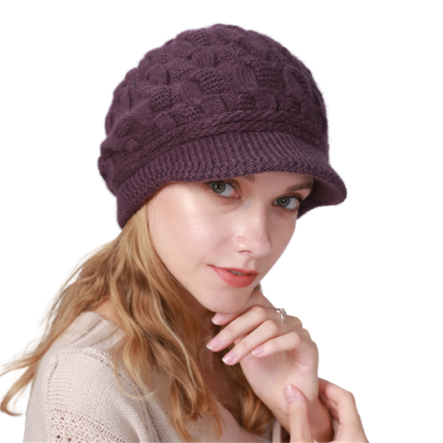 Gorros de felpa con visera de punto trenzado para mujer, boina informal a prueba de viento, Color liso, Otoño e Invierno: HSH25-Dark purple