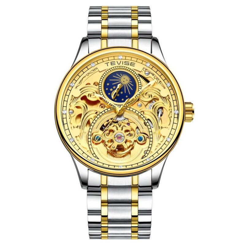Montre TEVISE phase de lune tourbillon creux automatique mécanique en acier inoxydable poignet hommes montres main bracelet montre: Color 01