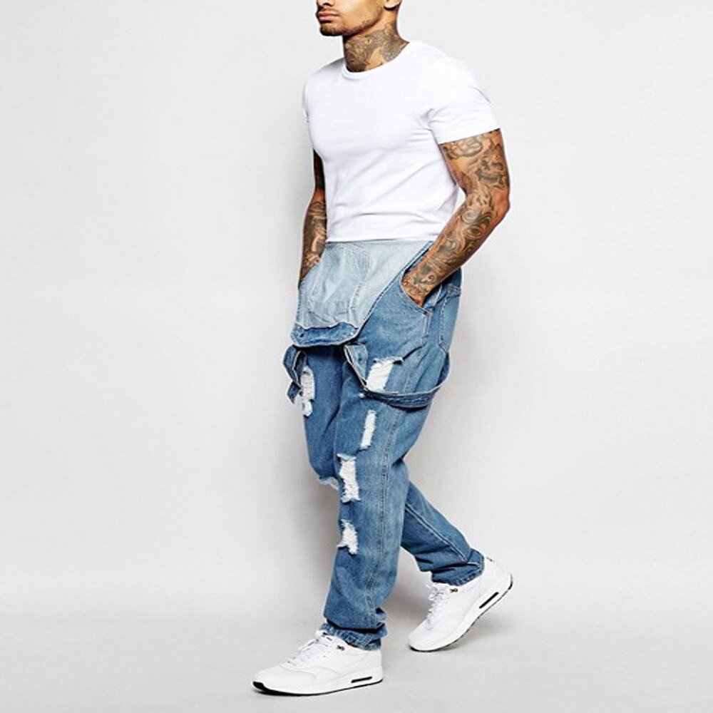 Denim Men Overalls Jumpsuits Streetwear Female Casual Jeans Washed Ripped Hole Pocket Loose Straight Pants Trousers Modis H40
