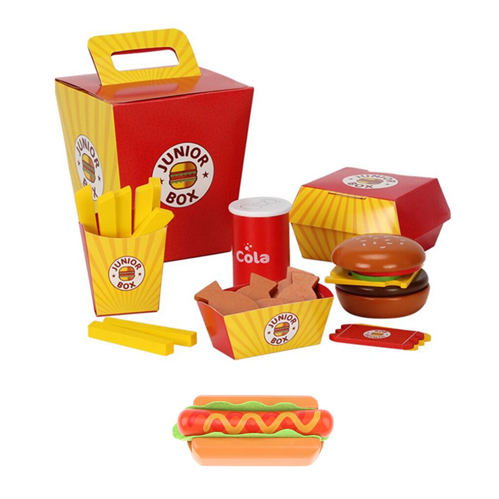 Di legno di veloce cibo caldo cane Panino hamburger Cena impostato per Bambini di Età Prescolare Giocattolo