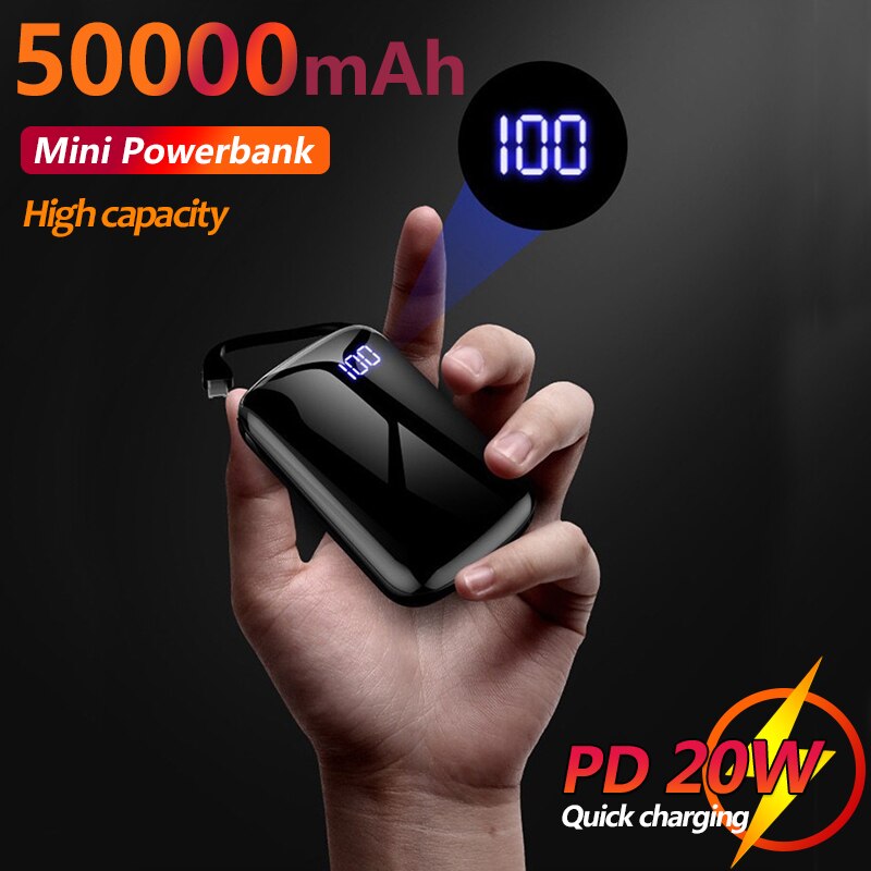 Mini-powerbank mit 50000 mah kapazität, externer akku für mobiltelefone im taschenformat, integriertes ladekabel, einweg-ladegerät