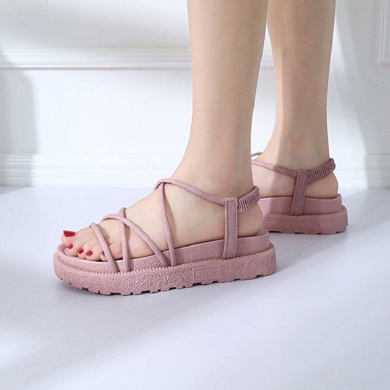 Sandalias de verano con correa cruzada, sandalias de suela gruesa para vacaciones en la playa, zapatos planos de playa para mujer