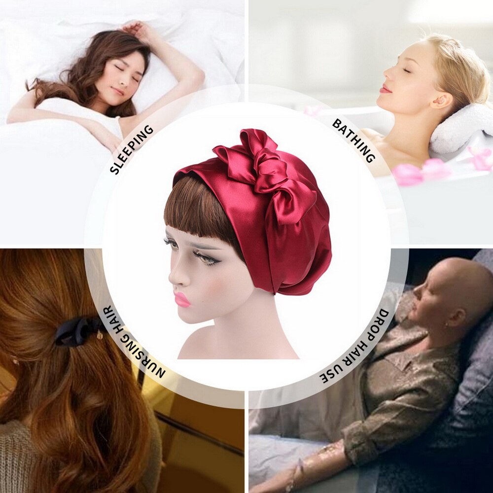 58cm Soft Silk Women Night Sleep Shower Cap Adjustable Ladies Long Hair Care Bonnet Headwrap Hat Soft Satin Hat Accessories