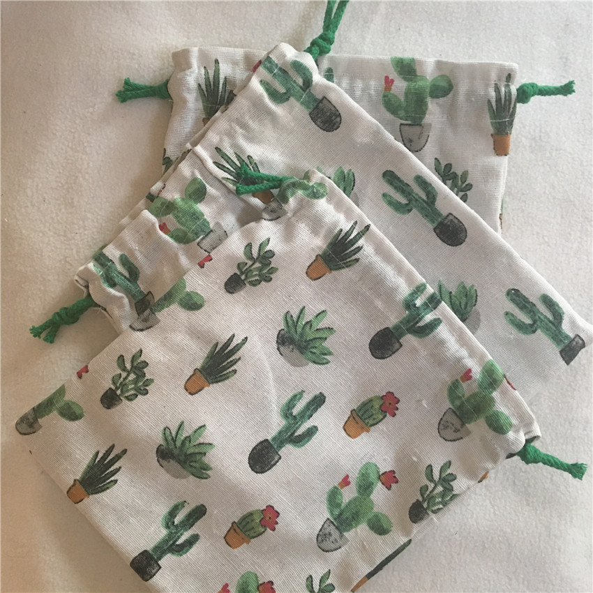 YILE 1pc Cotton Linen Drawstring Multi- Purpose Organizer Bag Green Flowering Cactus N8223 C S