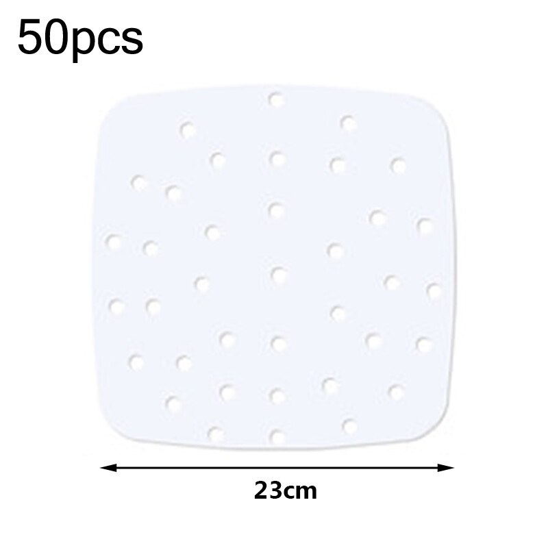 Feuilles de papier jetables pour friteuse à Air, 15CM, 18CM, 20CM, 23CM, ronds et carrés, papiers à huile, pâte de bois, ustensiles de cuisine, 6, 7, 8, 9 pouces: 50pcs 23cm 9inch D
