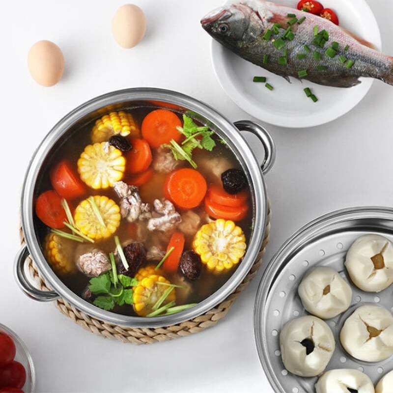 1 Pcs 28cm Multifunctional Steam Pot Double Layers Stockpot Stainless Steel Steamer Cooking Boiler Cookware,Silver
