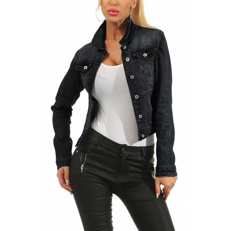 Kvinnor kappa jeansjackor blå höst jeansjackor dam jeans enkelknäppta jeansjackor kvinnliga feminina kläder: Svart / L