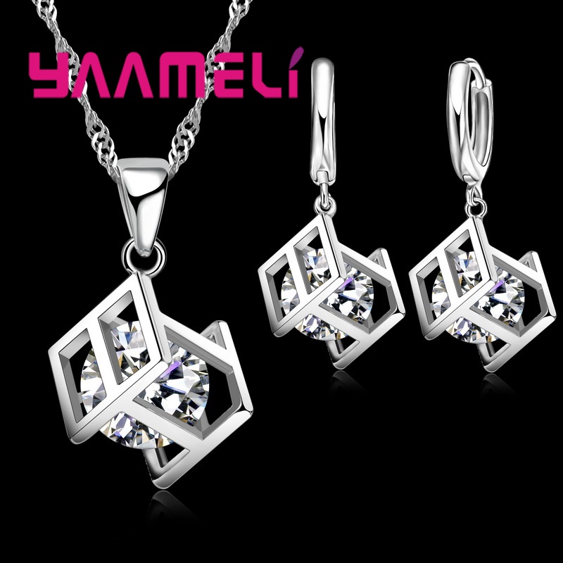 Top Vrouwen Mode Vierkante Vorm Oorbellen Hanger Ketting 925 Sterling Zilveren Bedel Sieraden Sets Voor Bruiloft/Engagement