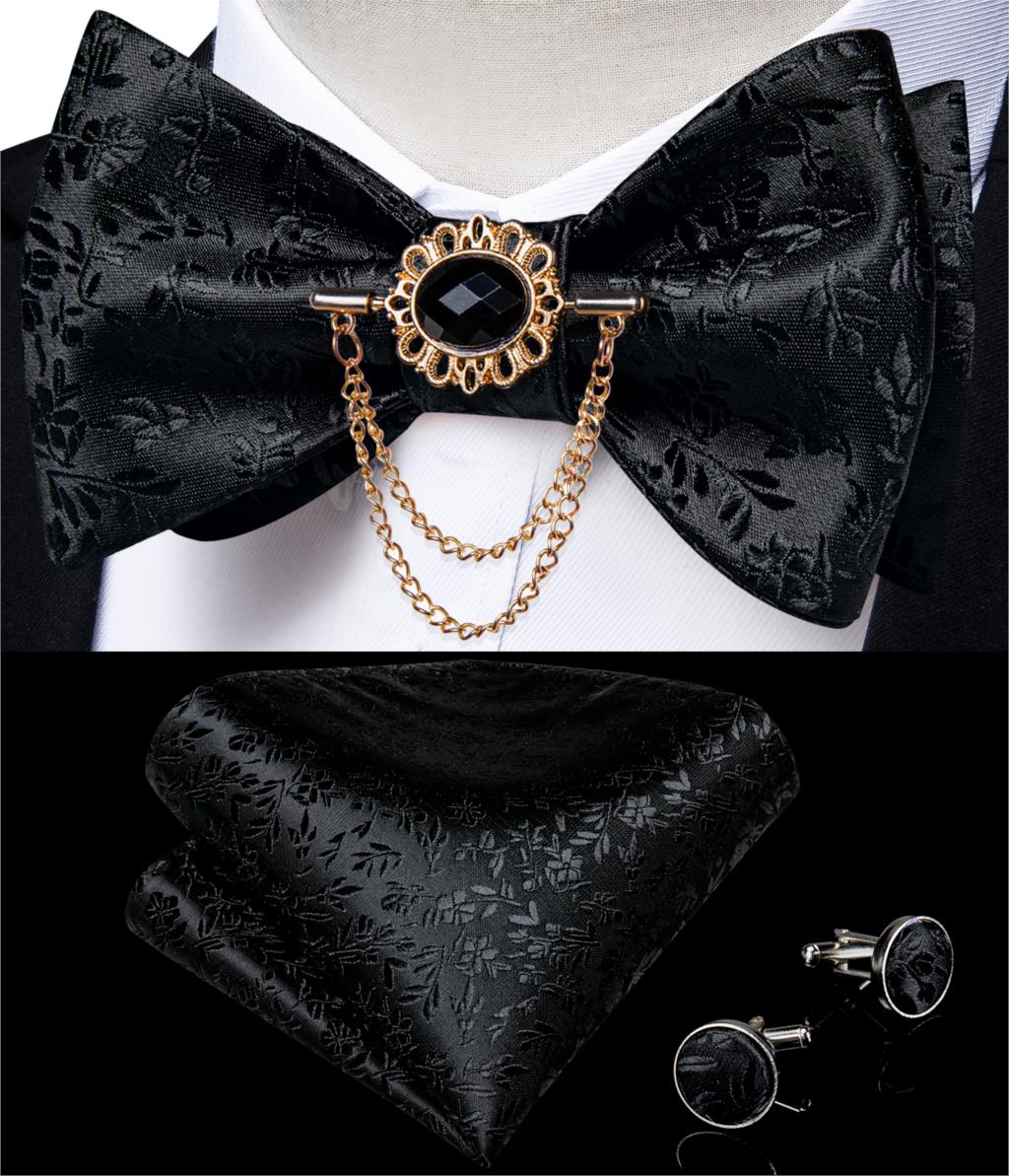 Luxury Gold Black Paisley Self Tie Men&#39;s Bow Tie Silk Woven Wedding Party Butterfly Ties Hanky Brooch Pin Set Tuxedo Bow DiBanGu: HL-3015-0009