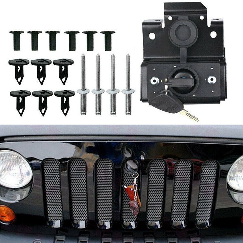Para jeep wrangler jk 2007-2018 motor grille hood kit de bloqueio anti-roubo embly travamento capa captura