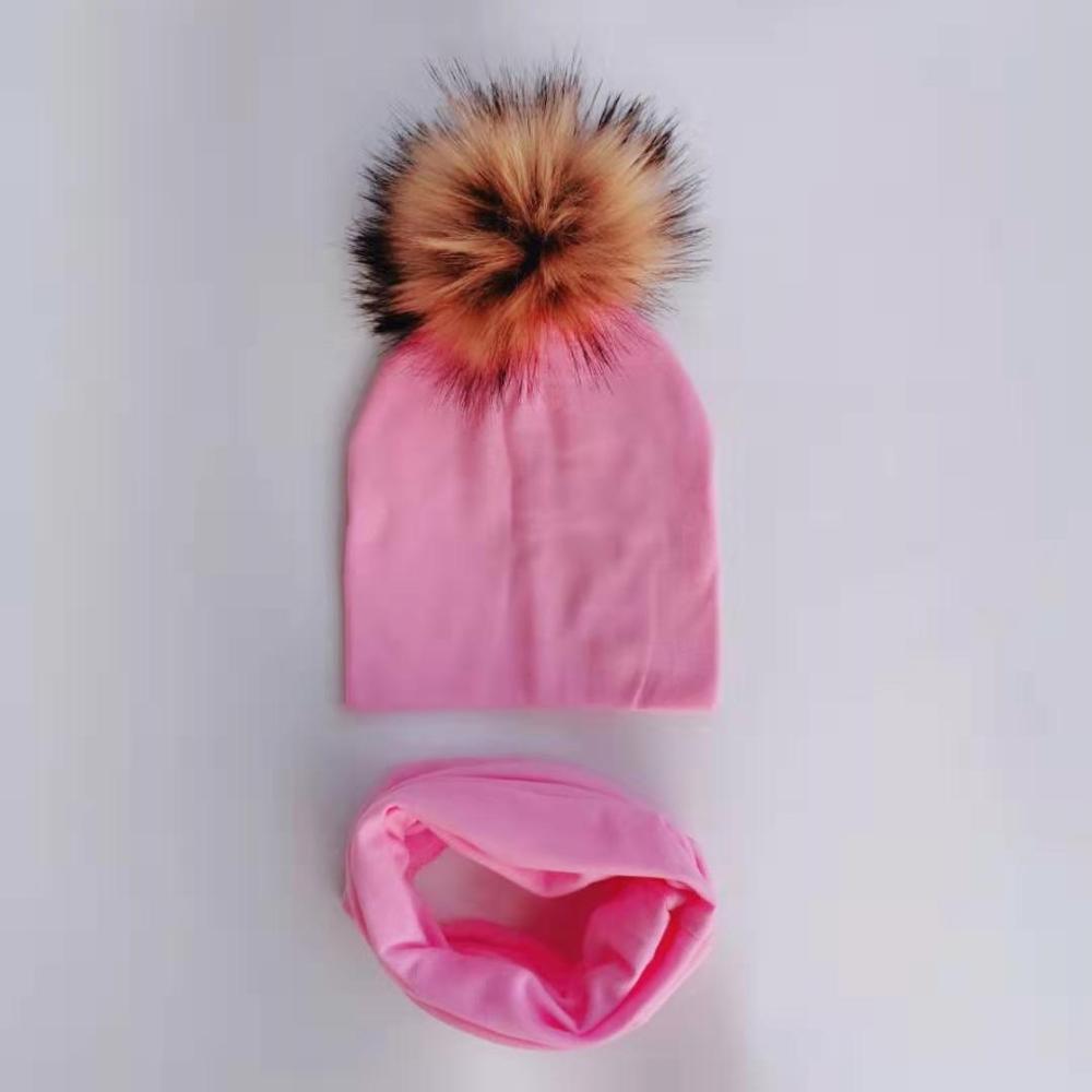 Kinderen Pom Pom Hoed Herfst Winter Baby Hoed Meisjes Jongens Cap Kids Beanie Bonnet Kraag Sjaal Set Baby Cap fotografie Props: 2 pink