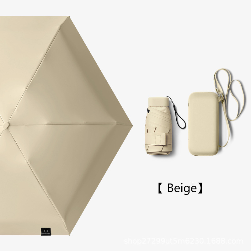 Flat Fold Mini Umbrella Women Pocket Summer Sun Umbrella for Women Small Cute Umbrellas for Girls with Storage Bag: Beige