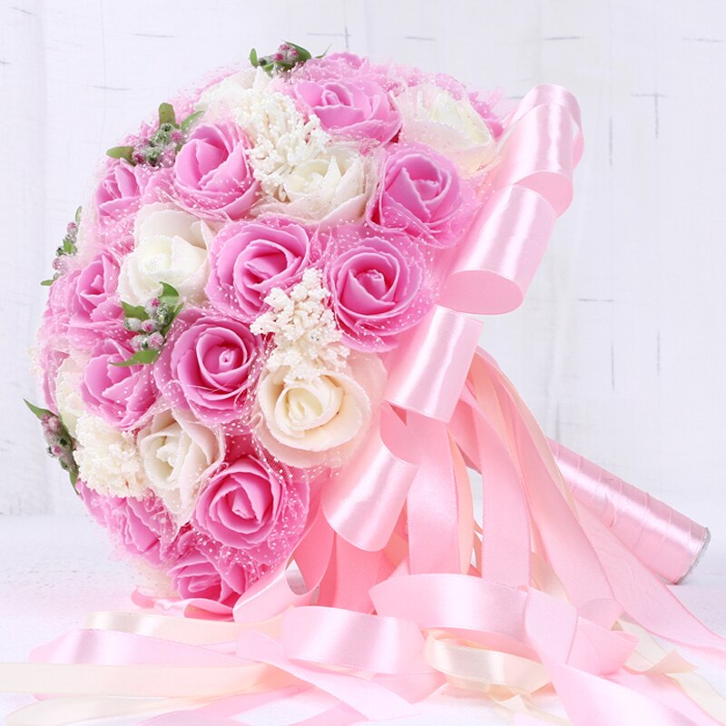 Fioletowy bukiet ślubny sztuczne 45 sztuk sztuczny kwiat róży z wstążka duży bukiet ślubny kwiaty druhny suknie ślubne uchwyt na