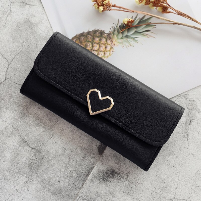 Cute PU Leather Purse Heart-shaped Decoration Long Multi-card Wallet Purse Buckle Clutch Mobile Phone Student Women's Wallet: Black