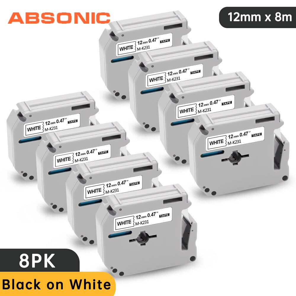 Absonic 12mm M-K231 MK231 drukarka do etykiet czarny na białym MK 231 MK-231 kompatybilny do Brother PT-80 PT-70 PT-60 drukarka do etykiet drukarki: 8PK Black on White / 12mm