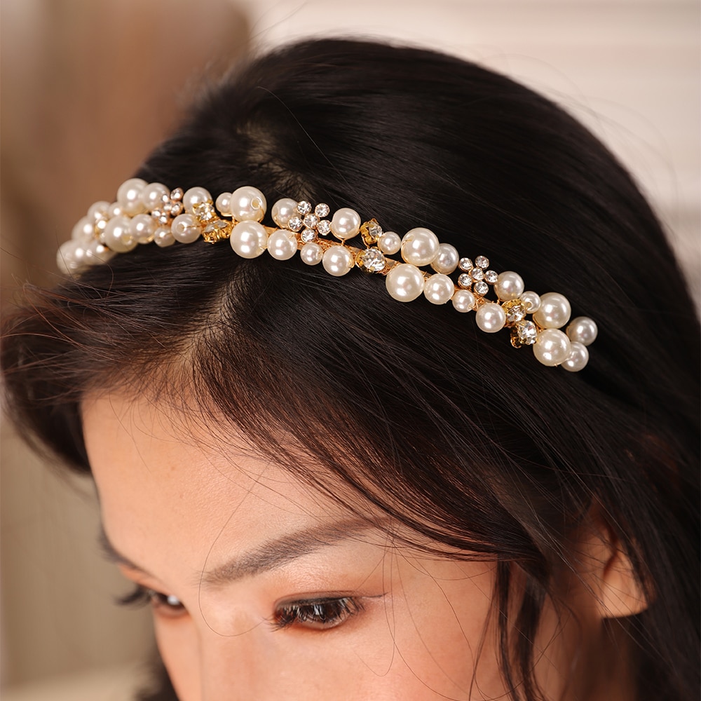 Vintage bröllopskrona guld pärla strass brud pannband kvinnor huvudbonad lyx huvud smycken brud håraccessoarer