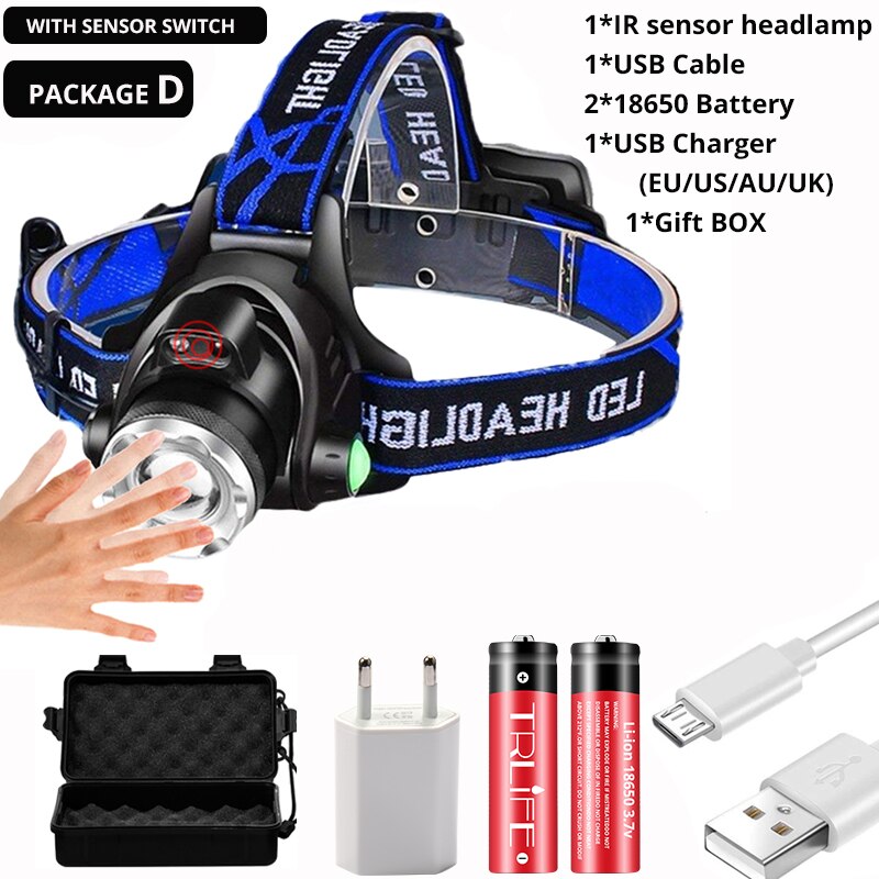 7000LM más potente Sensor IR linterna frontal T6/L2/V6 linterna USB recargable de pesca Zoom linterna impermeable: Package D / V6-Brightest
