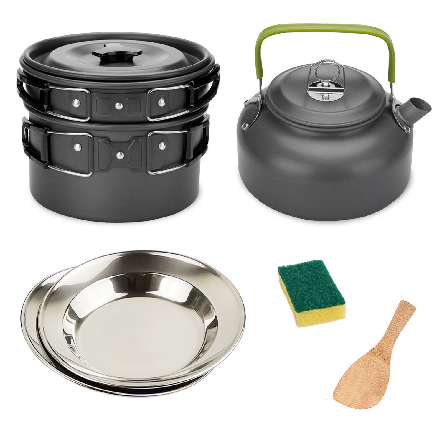 1 Set Outdoor Pots Pans Camping Cookware Picnic Cooking Set Non-stick Tableware With Plate Set Combination: Black