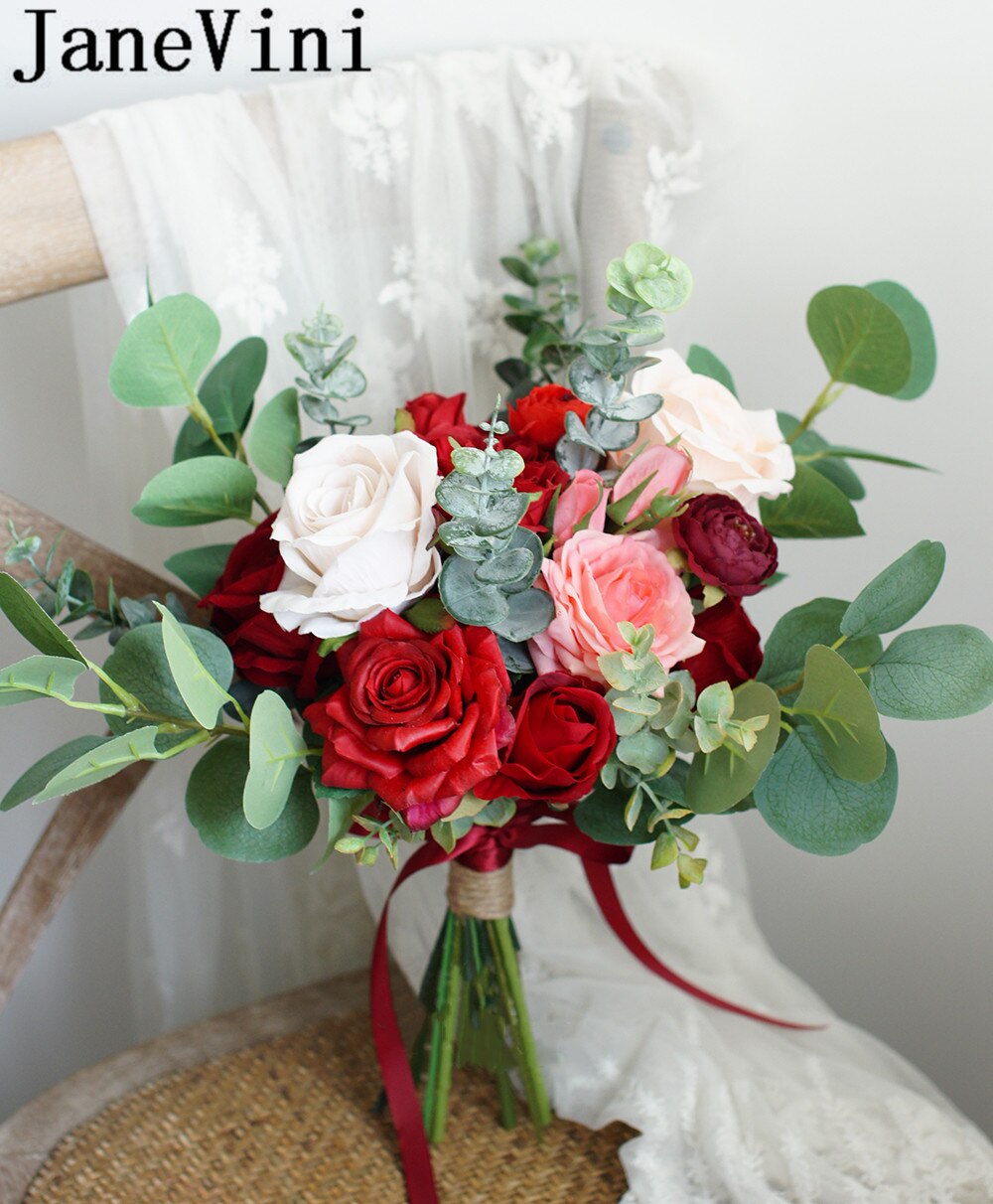JaneVini Jahrgang rot Rose Hochzeit Strauß Künstliche Braut Mit Blumen Rosa Handgemachte Braut Strauß Griff Zubehör