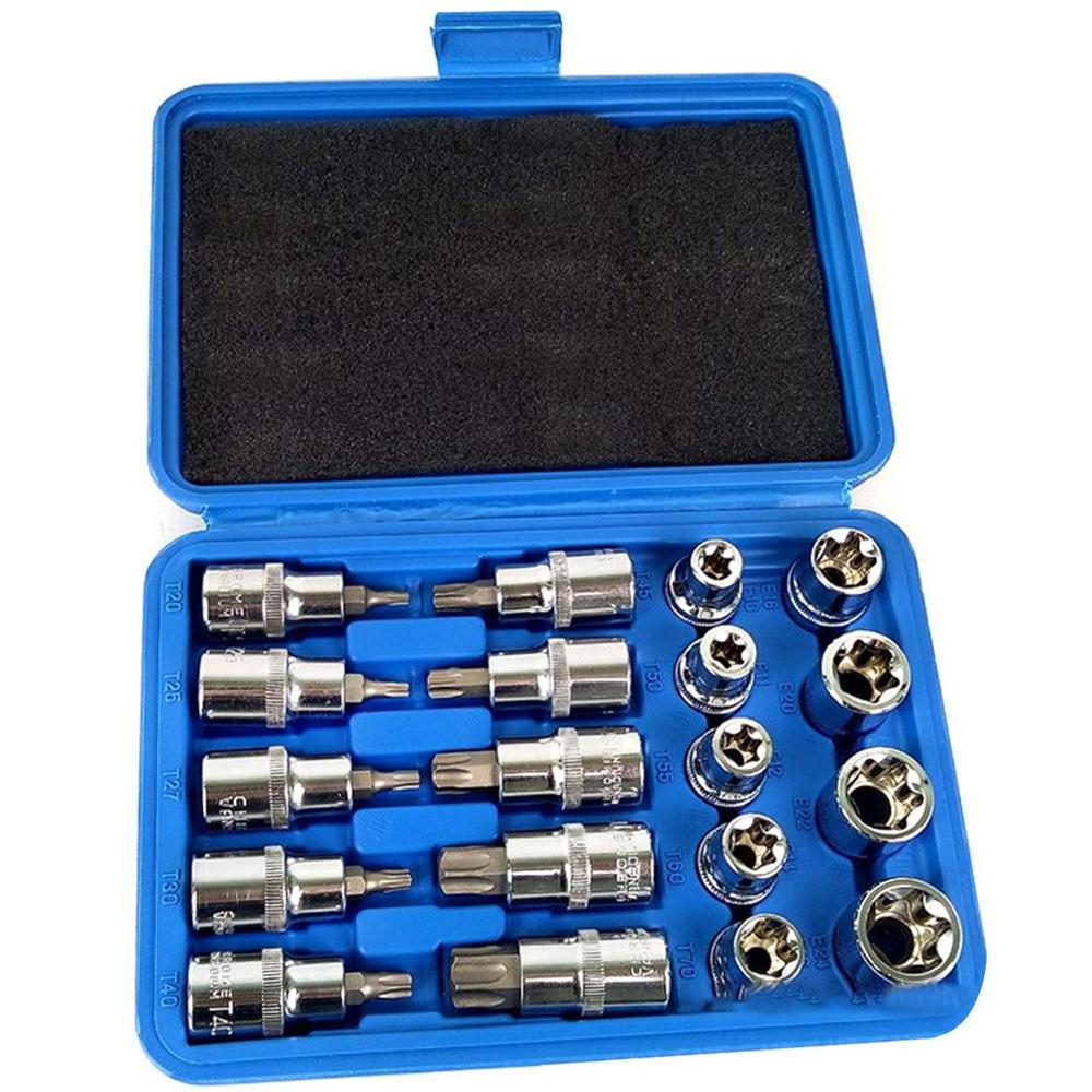 19pcs 1/2in Socket Set Drive Star Socket Bit Socket Set E10 - E24 Torx T20 - T70 Socket Pressure Batch Set Repair Tools