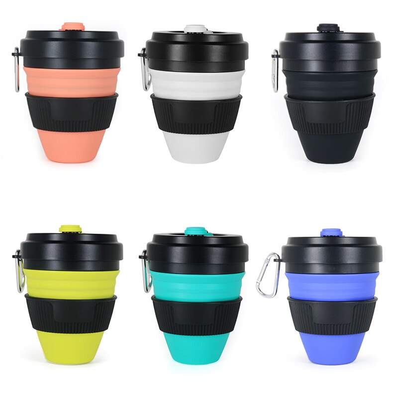 Tasses pliantes en Silicone | Tasses pliantes de 450ml, tasse à café en silice télescopique Portable avec couvercles voyage tout noir