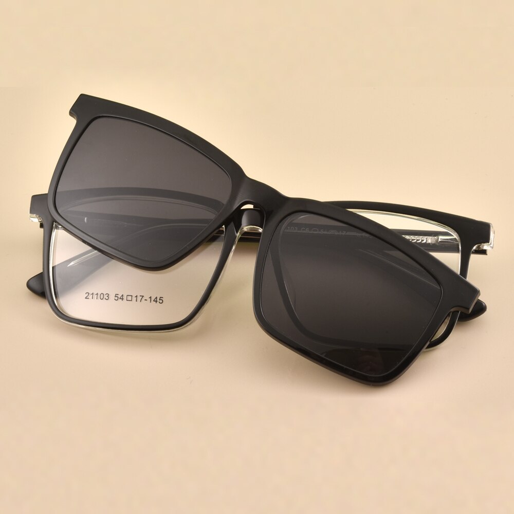 Gmei-gafas de sol polarizadas 2 en 1 para hombre y mujer, montura cuadrada de plástico, graduadas para miopía, montura 21103: C6 Black Transparent