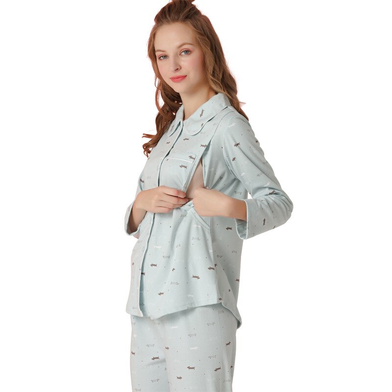 Primavera e no outono grávida pijamas home wear manga comprida yuezi desgaste fora sentado yuezi pós-parto lactação roupas: green / L
