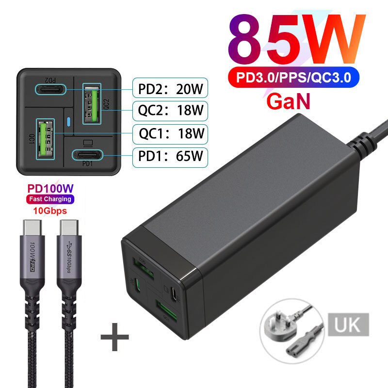 Chargeur USB C 85W, URVNS GaN Tech PD 65W PPS 33W QC 18W, Station de charge rapide USB-C pour iPhone, Samsung, MacBook: UK and Cable