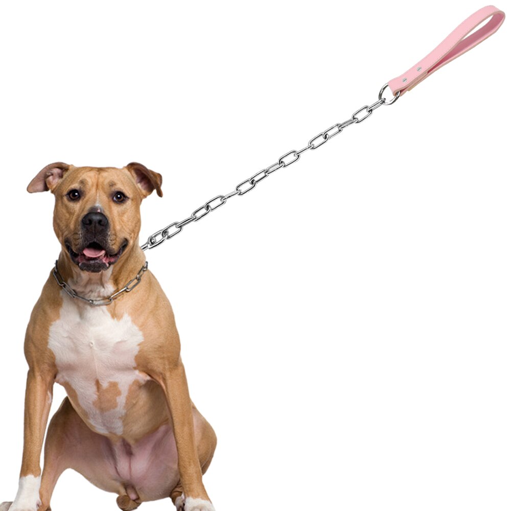 Correa de cadena duradera para perros pequeños y grandes que caminan, correa de arnés de Collar de plomo con asa de cuero, suministros para mascotas de Color dorado