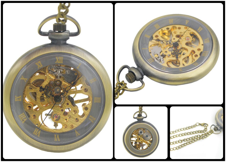 SHUHANG Mens Skeleton Zakhorloge Mechanische Beweging Hand Wind Romeinse Cijfers Vintage Stijl Reloj De Bolsillo: H086