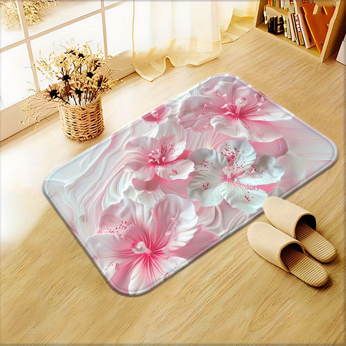 Pastel Pink Hibiscus Floor Mat: Soft Floral Pattern Anti-Slip Door Mat for Bathroom Living Room Kitchen Home Decor