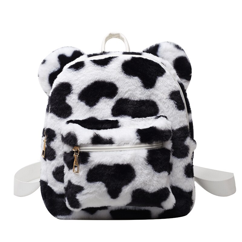 Bear Ears Plush Female Backpack Faux Fur Shoulders Bag Cute Furry Women Bag Winter Bags For Women 2022 Mini Girl Backpacks: Black Cow Backpack