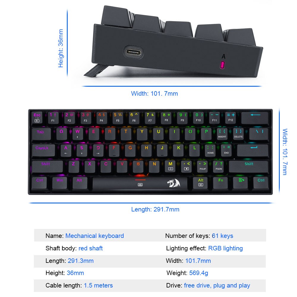Redragon DragonBorn K630 RGB USB Mechanical Gaming Keyboard Red Switch 61 Keys Wired detachable cable,portable for travel