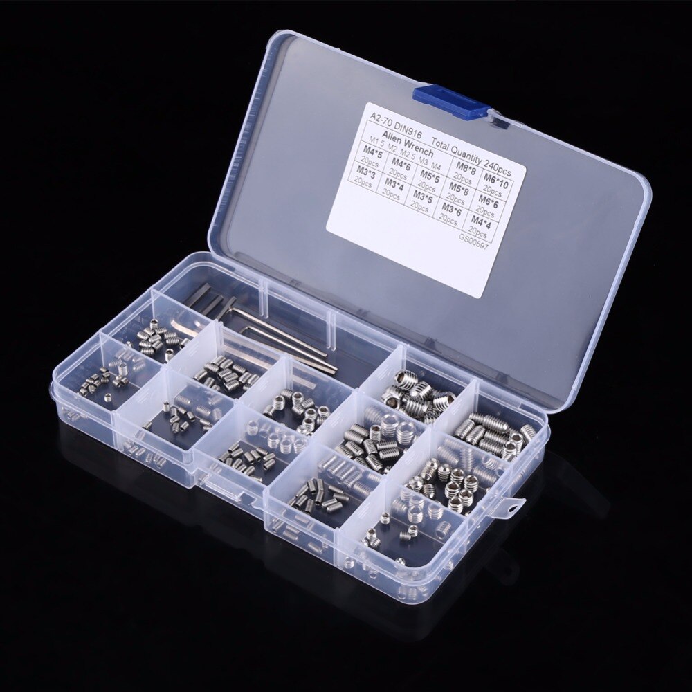 240pcs/set M3/M4/M5/M6/M8 Hex Socket Set Screws 304 Stainless Steel Assortment Kit with Hex Keys Fastener Accessory Hardware Set